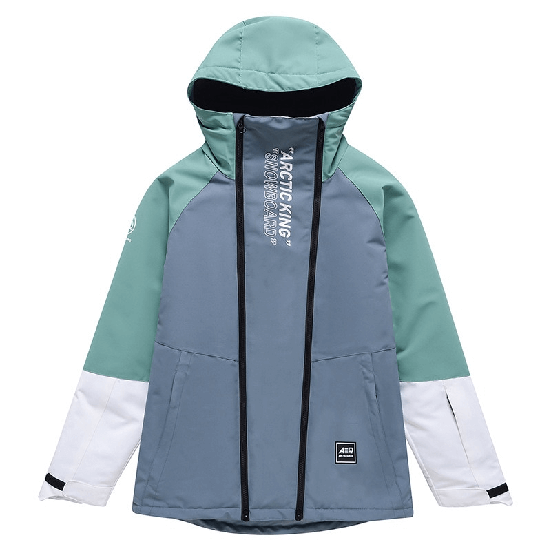 Warm waterproof snowboarding jacket with double zipper, hooded collar, and unisex design, perfect for skiing. Model SF0943.